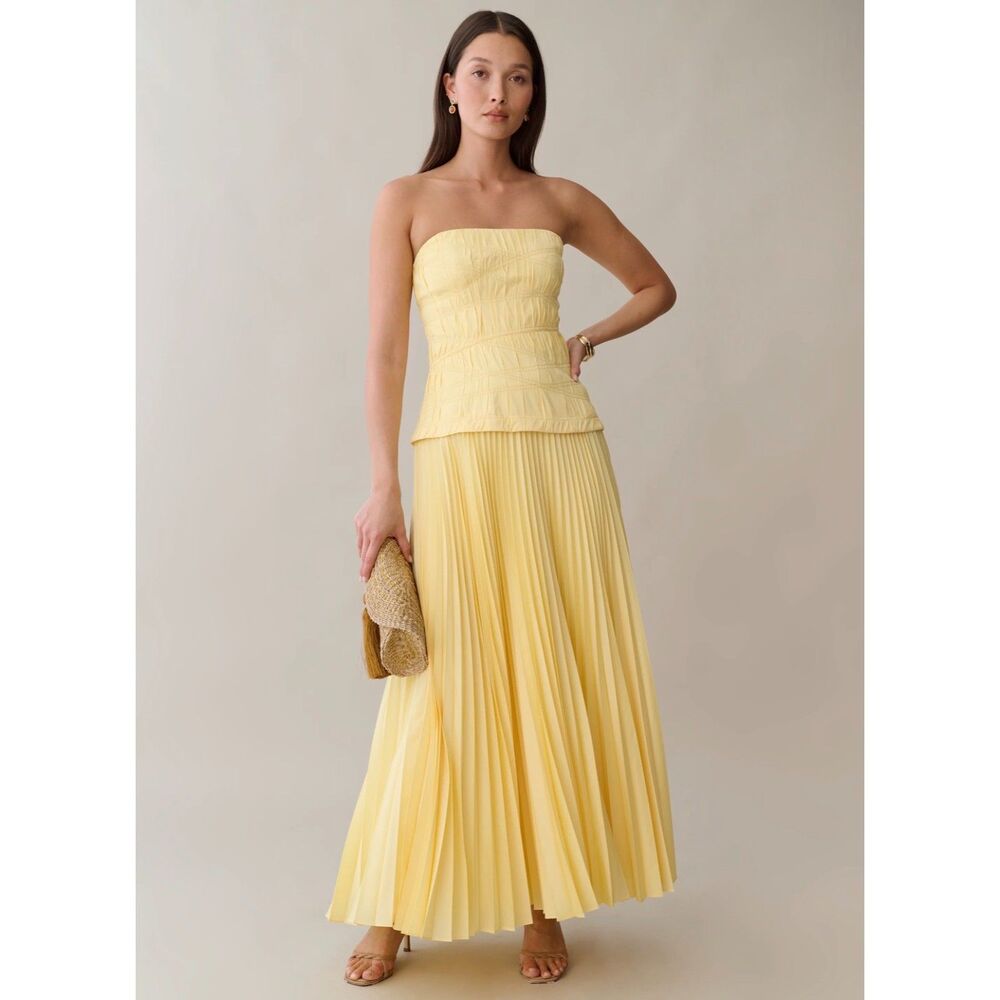 Few Moda x o.p.t. Ada Yellow Strapless Pleated Maxi Dress Women's 2 NWT